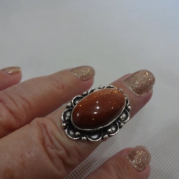 Sparkling "GOLD SUNSTONE" Handmade Sterling Ring Size 7.25 #281A - Picture 1 of 3